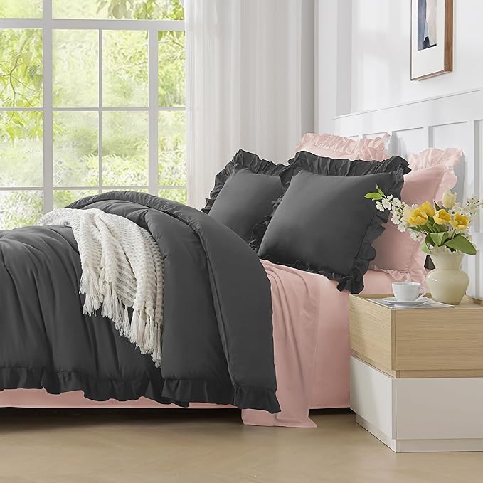 Andency Dark Gray Twin Size Comforter, 2 Pieces Kids All Season Ruffle Bed Comforter Set, Boho Lightweight Solid Farmhouse Shabby Chic Bedding Comforters & Sets (66x90Inch Comforter)