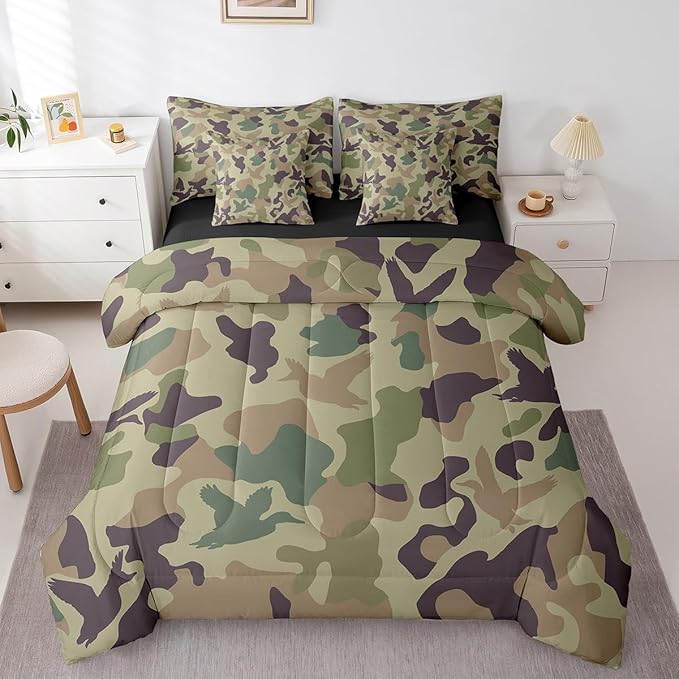 Erosebridal Camo 7 Piece Comforter Set King Size Army Green Bedding for Kids Farmhouse Camouflage Hunting Bed in A Bag Sheet Set Vintage Brown Room Decor Wild Duck Rustic Animal Bed Set