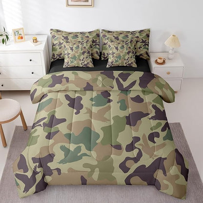 Erosebridal Camo 7 Piece Comforter Set King Size Army Green Bedding for Kids Farmhouse Camouflage Hunting Bed in A Bag Sheet Set Vintage Brown Room Decor Wild Duck Rustic Animal Bed Set