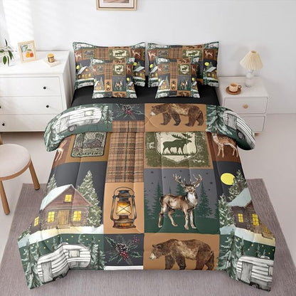 Erosebridal Hunting Bear 7 Piece Comforter Set Twin Rustic Farmhouse Bedding Sets for Kids Teens Cabin Decor Vintage Barn Woodland Animals Moose Sheet Set Retro Buffalo Plaid Camper Quilt Brown