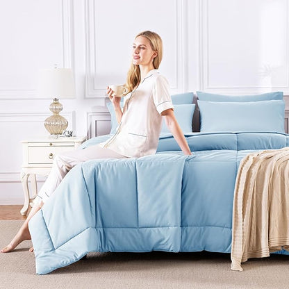 CozyLux Full Size Comforter Set Baby Blue, 7 Pieces Bed in a Bag, Blue Comforter Full Size, All Season Bedding Sets with Stitch Quilted Comforter, Flat Sheet, Fitted Sheet, Pillowcases