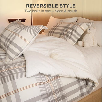 100% Cotton Comforter Set Queen Size – Reversible Yarn-Dyed Checkered Design, Soft Washed Cotton on Both Sides, Lightweight All-Season Bedding, Machine Washable(Grey White Plaid, 90”x90”)