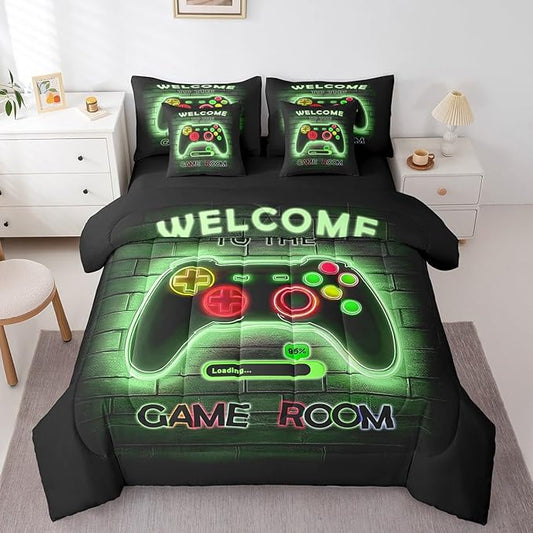 jejeloiu Green Gamer Gaming 7 Piece Bedding Set King Size for Boys Game Console Comforter Set with Sheets Kids Teens Neon Light Bed in a Bag Cool Game Room Decor Bed Set