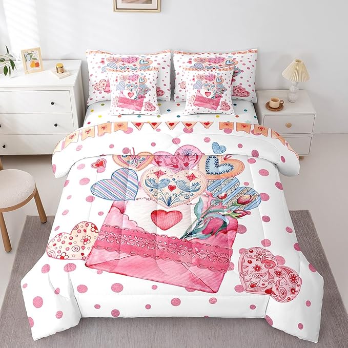 Feelyou Girls Like Cartoon Cute 7 Piece Bedding Set Queen Size Heart-Shaped Design Bed in a Bag for Adult Pink Envelope Comforter Set with Sheets Pink Polka Dot Room Decor Romantic Bed Set