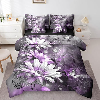 Feelyou Girls Vintage Flower Comforter Set with Sheets Full Size 7 Pieces Kids Purple Daisy Florals Pattern Bedding Set for Boys Women Teens Butterfly Botanical Nature Garden Theme Bed in a Bag