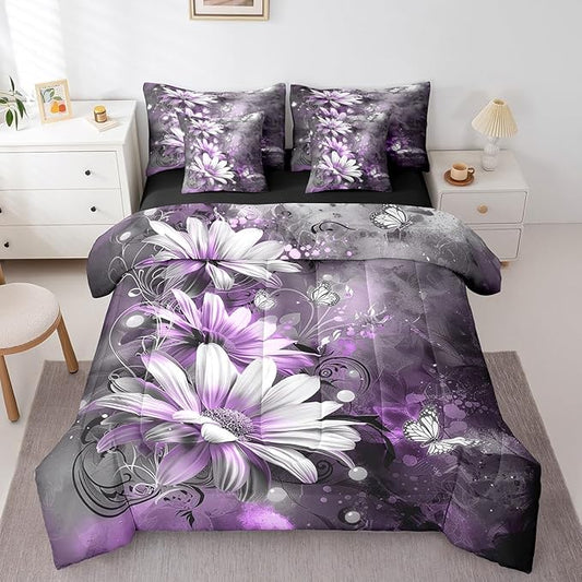 Feelyou Girls Vintage Flower Comforter Set with Sheets Full Size 7 Pieces Kids Purple Daisy Florals Pattern Bedding Set for Boys Women Teens Butterfly Botanical Nature Garden Theme Bed in a Bag