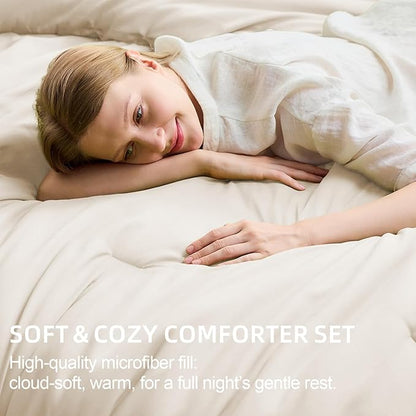FUANNA Twin Comforter Set Beige, 5 Pieces Soft Twin Size Bedding Sets, All Season Lightweight Bed in a Bag with Comforter, Flat Sheet, Fitted Sheet, Pillowcase & Sham