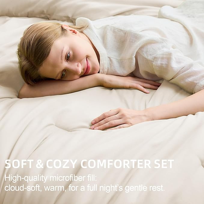 FUANNA King Size Comforter Sets Beige, 7 Pieces Soft Bedding Set, All Season Lightweight Bed in a Bag with Comforter, Flat Sheet, Fitted Sheet, Pillowcases & Shams