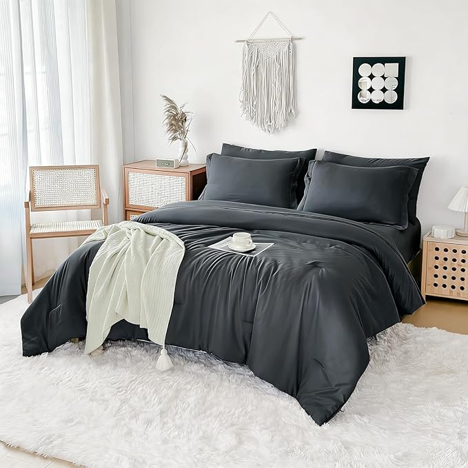 Double Brushed Micorfiber Queen Comforter Set Carbon Black - 7-Piece Bed in a Bag, All-Season Soft Bedding with Sheets & Envelope Pillowcases (88"x88",Queen)