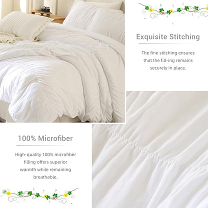 Lady Ann Oversized King Size Comforter Sets 120x120 White Ruched Bedroom Sets, Fluffy Bedding Comforter Sets, Soft & Luxurious All Season Bed Sets for Women Men, 3pcs
