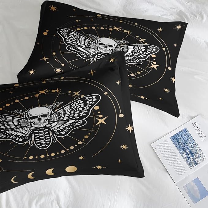 Comforter Set Queen Size, Moth Dead Sun Moon 7 Pcs Bedding for Adults, Animal Butterfly Bed Sheet Sets with Fitted Sheet 2 Pillowcases & 2 Shams for Bedroom Bed Decor