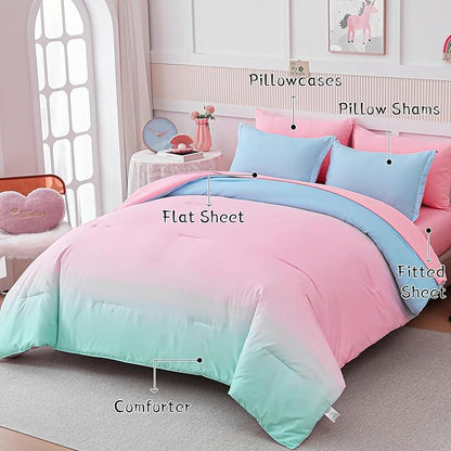 Drucon Comforter Set Twin for Teen Girl & Women, 6 Pieces Bed in A Bag Gradient Pink Green Bedding Set (1 Comforter, 1 Flat Sheet, 1 Fitted Sheet, 1 Pillow sham, 2 Pillowcases)