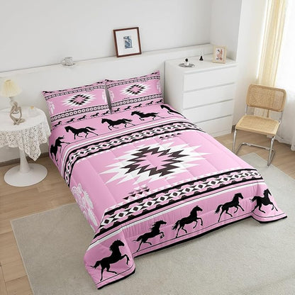 Feelyou Rustic Western Bedding Set Toddler Size Kids Pink Southwestern Aztec Comforter for Boys Girls Teens Western Horse Animals Comforter Set Soft Microfiber Boho Geometric Room Decor
