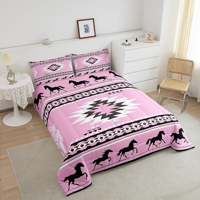 Feelyou Rustic Western Bedding Set King Size Kids Pink Southwestern Aztec Comforter for Boys Girls Teens Western Horse Animals Comforter Set Soft Microfiber Boho Geometric Room Decor