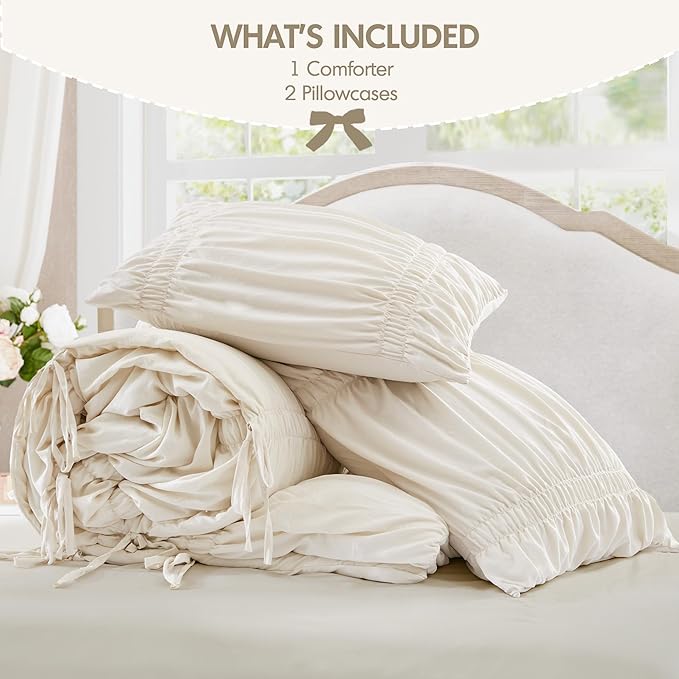 Intelligent Design Ruched Shabby Chic Comforters for Queen Size Bed, All Season Lightweight Comforter Queen, French Country Bedding Set, Sham, Ella, Full/Queen, Ivory, 3 Piece