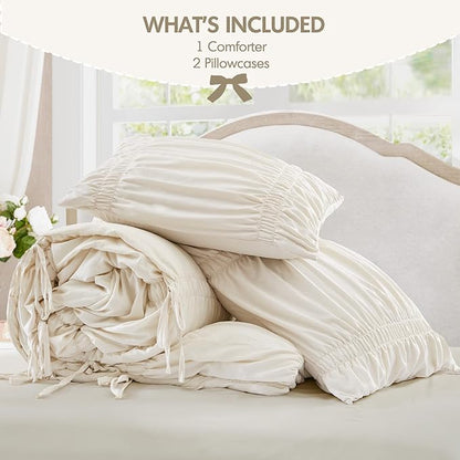 Intelligent Design Ruched Shabby Chic Comforters for King Size Bed, All Season Lightweight Comforter King, French Country Bedding Set, Sham, Ella, King/Cal King, Ivory, 3 Piece