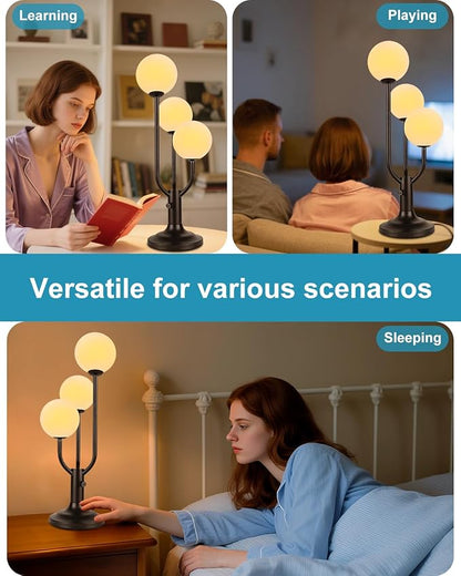 Modern Black Table Lamp for Bedroom, 3-Globe Dimmable Small Desk Lamp 3000K Warmwhite Nightstand Lamp Bedside Lamps for Living Room End Table(G9 Bulb Included)