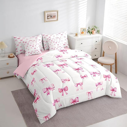 Feelyou Pink Girls Bow 7 Pieces Comforter Sets Boys Girls Queen Size Bow Bedding Set for All Season for Kids Women Men Cute Bowknot Bed in a Bag with Comforter, Sheets, Pillowcases & Cushion Cover