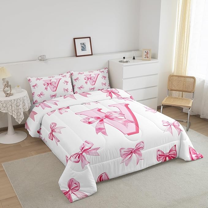 Erosebridal Initial Letter V Bow Bedding Set for Kids Girls Teen Women,Pink Girly Bowknot Comforter Set Full Cute Fantasy Princess Bedding Comforter Sets Kawaii Watercolor Bow Quilt Duvet