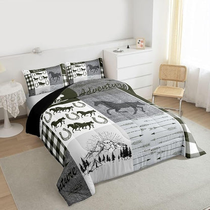 Erosebridal Rustic Horse Bedding Set, Retro Western Cowboy Horseshoe Comforter Set Queen, Southwestern Riding Boots Arrow Quilt Rustic Adventure Duvet Insert Cabin Lodge Bedroom Decor, 2 Pillow Cases