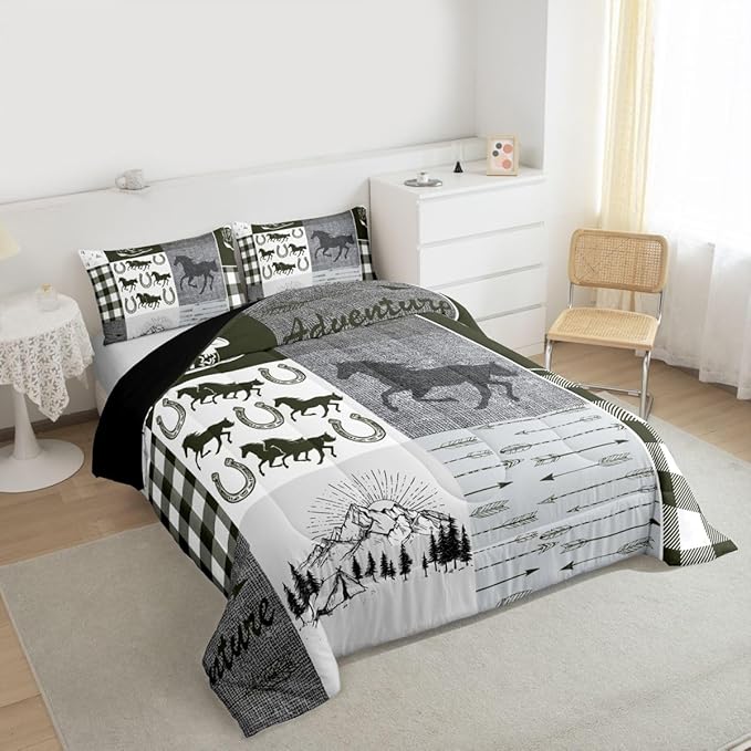 Erosebridal Rustic Horse Bedding Set, Retro Western Cowboy Horseshoe Comforter Set Full, Southwestern Riding Boots Arrow Quilt Rustic Adventure Duvet Insert Cabin Lodge Bedroom Decor, 2 Pillow Cases
