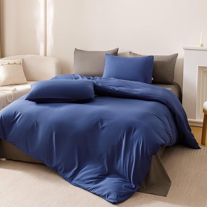 Houseri Royal Blue Comforter Set King Neutral Navy Bedding Men Women Japanese Style Solid Blue Vintage Farmhouse Bed Sets King Size