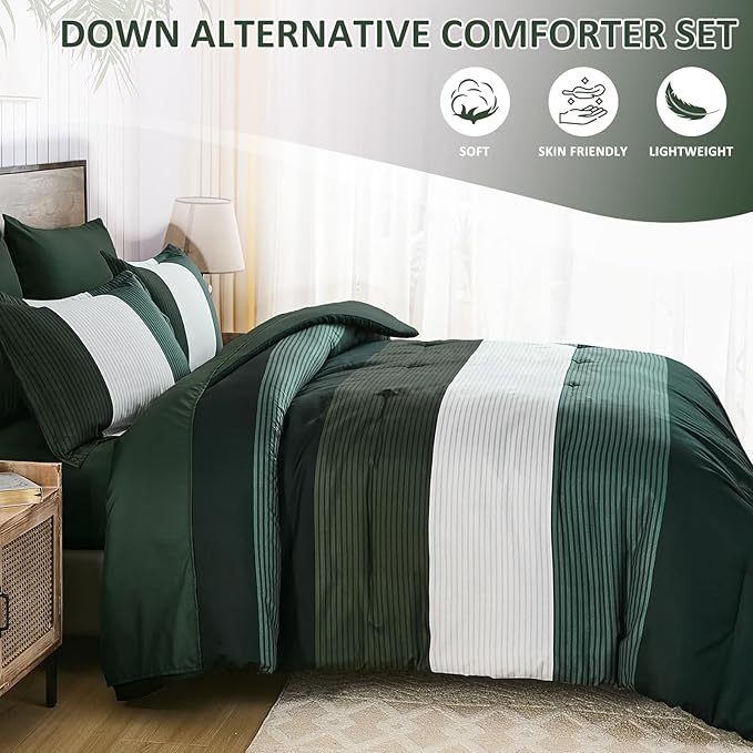 Anibedding Dark Green King Size Comforter Set, 7 Piece Green Striped Bed in a Bag, Soft Microfiber All Season Bedding Set with Comforter, Sheets, Pillowcases & Shams