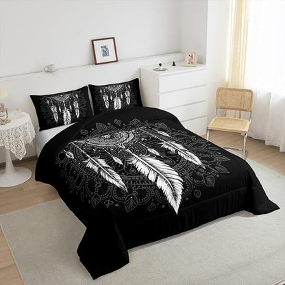 Erosebridal Dream Catcher Comforter Set Twin Size, Boho Feather Bedding Set, Mandala Quilt Set for Kids Boys Girls Teens, Arrow Geometric Aztec Duvet Set, Black White Bedroom Decor