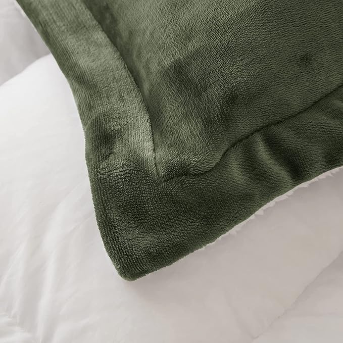 Seward Park Olive Green Sherpa Comforter Set Twin XL Size, All Season Soft Warm Fleece Fall Blanket, Winter College Dorm Bedding Sets with 1 Pillow Sham