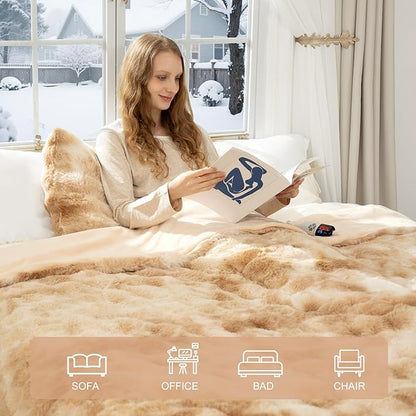 Faux Fur Heated Blanket Full Size 72"X84" - Bubble Faux Fur Electric Blanket Fluffy Soft Fuzzy with 6 Fast Heating Levels & 10 hrs Timer Settings, Washable & ETL Certified for Bed, Tie-Dye Beige