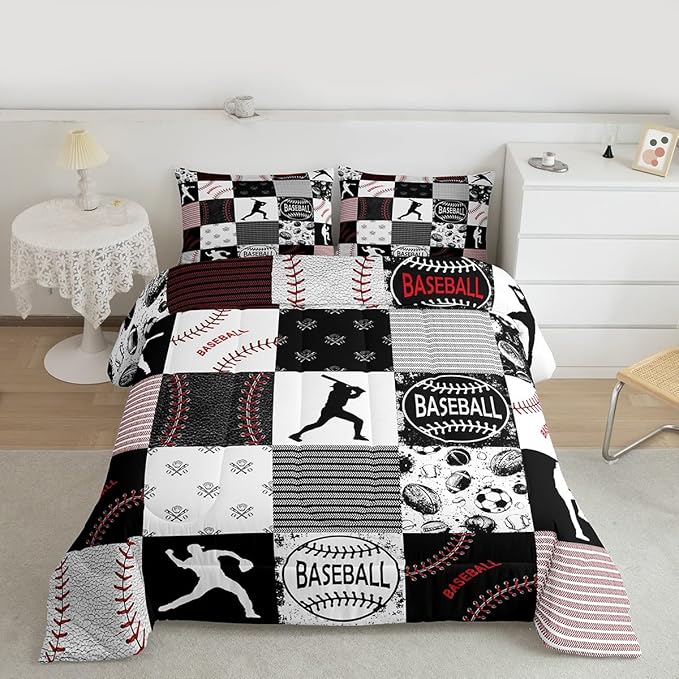 Erosebridal Twin Kids Baseball Comforter Set Softball Bedding Set Sports Game Quilted Comforter for Kids Patchwork Down Comforter Baseball Gift Duvet Insert 2pcs, Red Black Gray,Twin