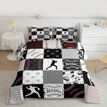 Erosebridal Twin Kids Baseball Comforter Set Softball Bedding Set Sports Game Quilted Comforter for Kids Patchwork Down Comforter Baseball Gift Duvet Insert 2pcs, Red Black Gray,Twin