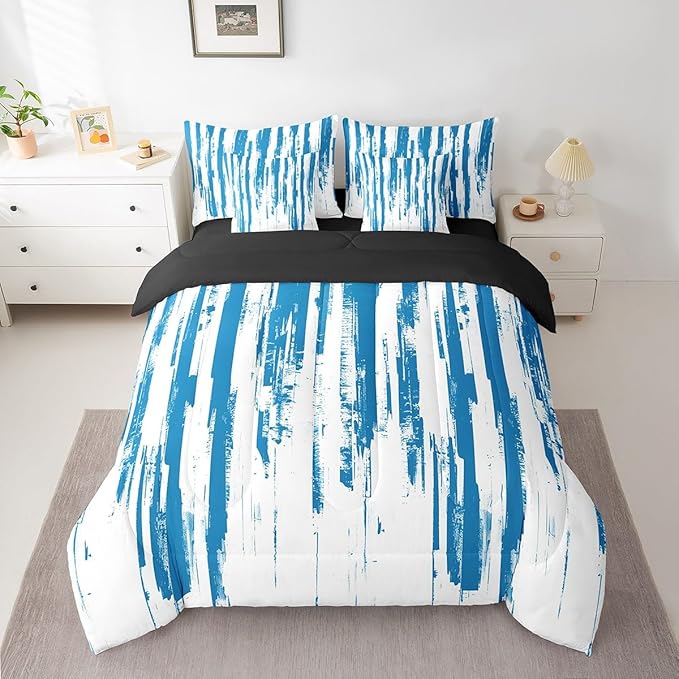 Erosebridal 7Pcs Sky Blue Boho Comforter Set Twin,Abstract Art Aesthetic Striped Bed in A Bag for Kids Teens Adults,Ink Painting Graffiti Watercolor Gradient Ombre Modern Bedding with Bed Sheets