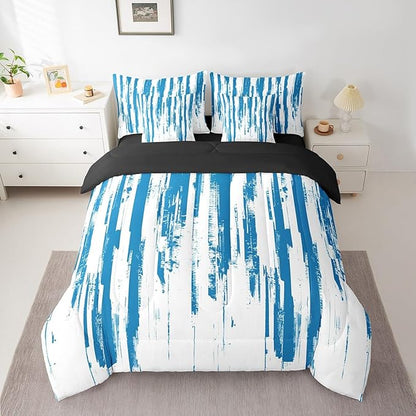 Erosebridal 7Pcs Sky Blue Boho Comforter Set Twin,Abstract Art Aesthetic Striped Bed in A Bag for Kids Teens Adults,Ink Painting Graffiti Watercolor Gradient Ombre Modern Bedding with Bed Sheets