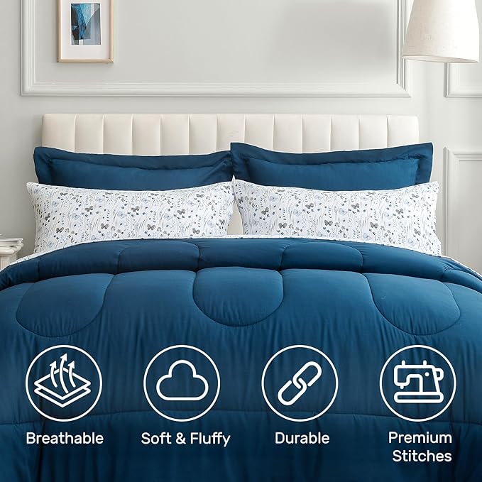 ARTALL Twin Bed in a Bag 5 Pieces, Navy Blue Solid Comforter with Ink Wash Butterfly Floral Sheet Set, Soft Reversible Bedding Sets with Comforter, Sheets, Pillowcase & Sham for All Seasons