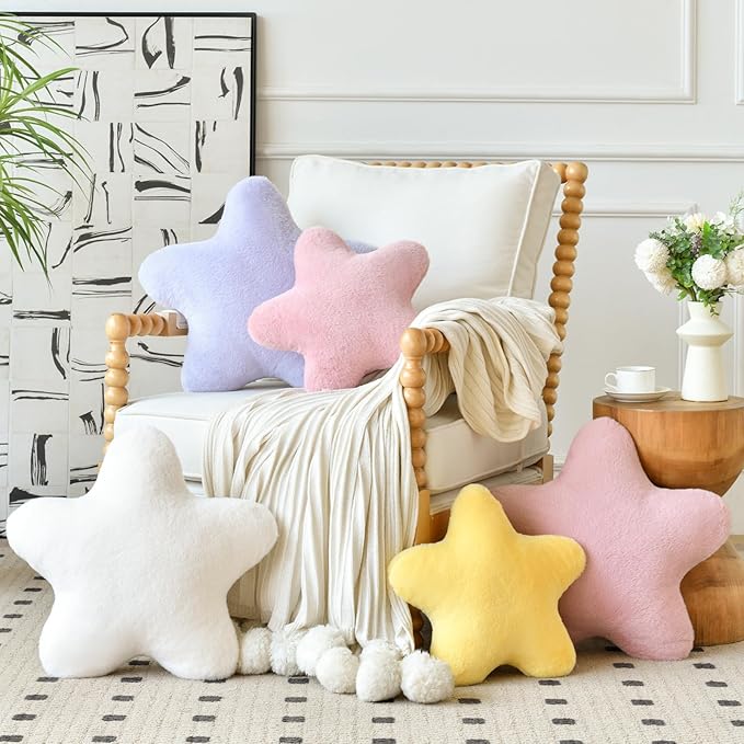 Xiashrk Star Pillow, Decorative Throw Pillows for Bed Couch, 15" Star Shaped Pillow Plush Floor Cushions Room Decor Pillow with Soft Faux Rabbit Fur for Sofa Bedroom Living Room