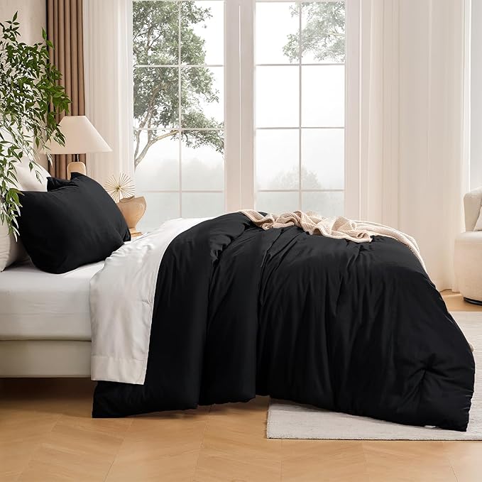 Andency Black California King Comforter Set, 3 Pieces Cal King Boho Soft Solid Bed Comforter, Oversized Lightweight Fluffy Microfiber Bedding Set (104x96In, 2 Pillowcases)