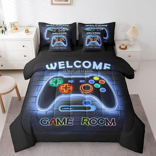 jejeloiu Blue Gamer Gaming 7 Piece Bedding Set King Size for Boys Game Console Comforter Set with Sheets Kids Teens Neon Light Bed in a Bag Cool Game Room Decor Bed Set