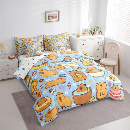 Cartoon Capybara 7 Pieces Bedding Set King Size,Kawaii Animals Bed in a Bag,Capybara Lovers Bed Set Includes Comforter,Sheet Set,Pillowcases & Pillow Covers,Yummy Foods Love Hearts Bedroom Decor