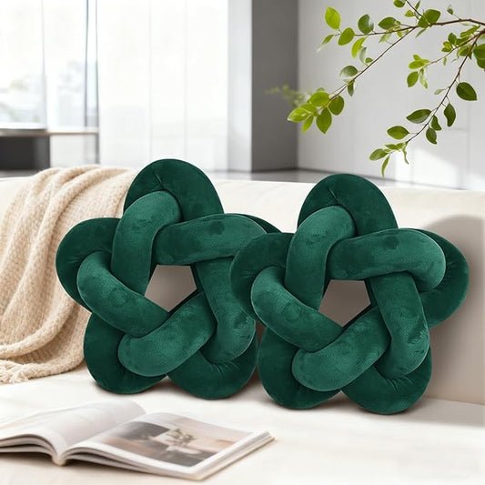 2 Piece Knot Pillows, Green Throw Pillows Knotted Star Cushion Decorative Plush Pillow for Bedroom Living Room, Emerald Green 14"