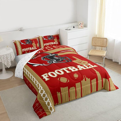 Feelyou Football Bedding Set Boys Girls Queen Size Women Men Rugby Sports Comforter Football City Duvet Quilt Brown Red Room Decor
