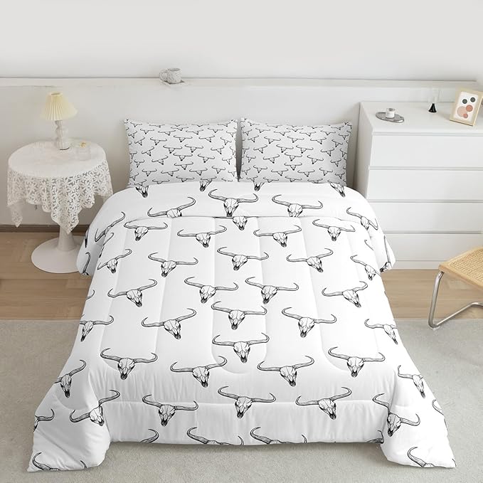 Erosebridal Bull Skull Comforter Set King Ethnic Bohemian Bedding for Men Boys | Tribal Steer Skull Wildlife Aztec Bedroom Decor Farmhouse Cabin Lodge Duvet Insert with 2 Pillow Cases,Black White