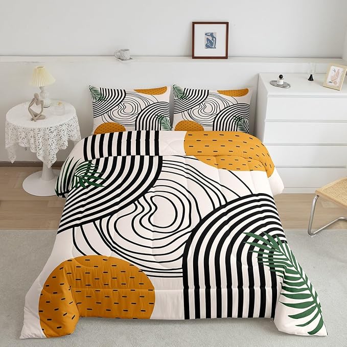 Erosebridal Modern Comforter Twin Abstract Art Bedding Set, Orange Black White Aesthetic Down Comforter Retro Minimalism Bed Set, Mid Century Quilted Duvet Geometric Striped Decor