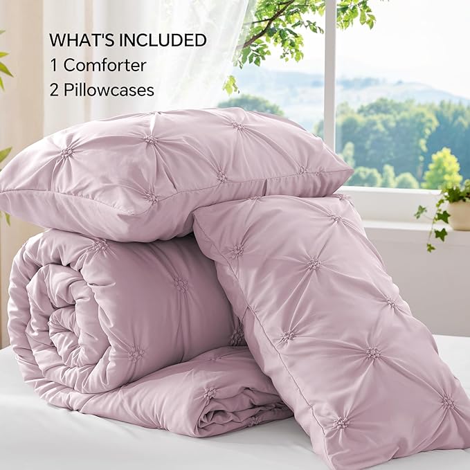BEDELITE Light Purple Comforter Set Full - 3 Peices Boho Pintuck Bedding Comforter Sets, Lightweight Soft & Warm Twin Bedding Sets with 2 Pillowcase for All Season