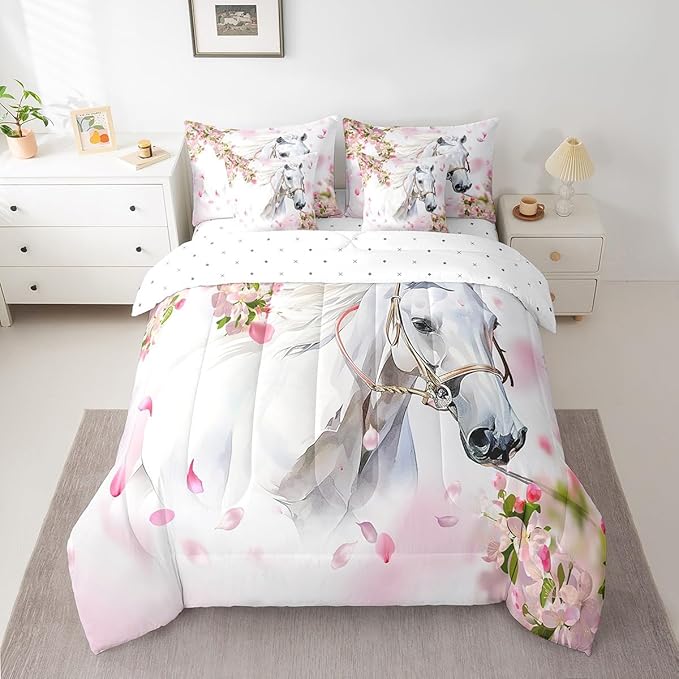Feelyou Horse Comforter Set King Size 7 Pcs Girls Western Horse Comforter Bed in a Bag Cherry Blossom Floral Bedding Set for Boys Girls Horse Lover Bed Set with Sheets, Pillowcases, Pillow Covers