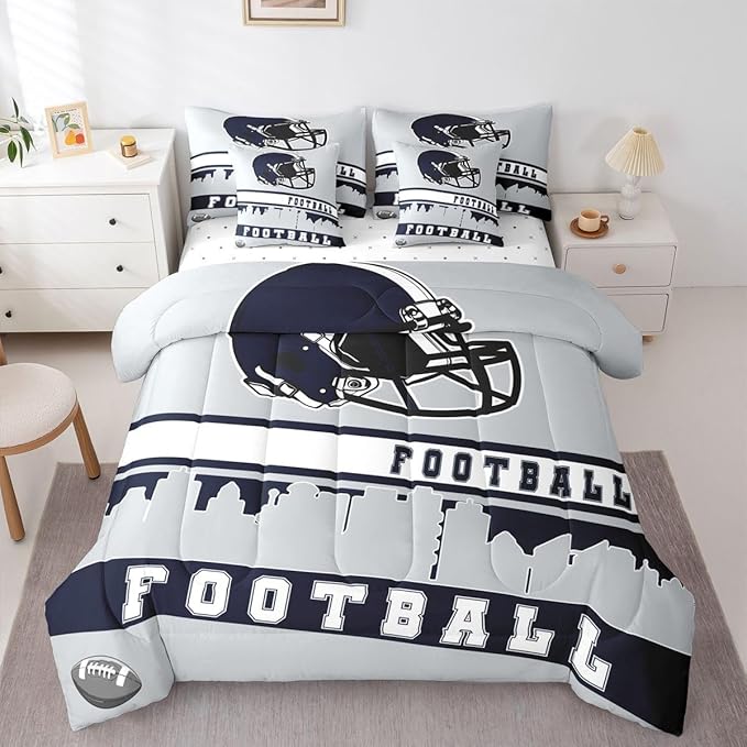 Erosebridal Football 7 Pcs Comforter Set King Football Fans Bedding for Boys Girls Football City Sheet Set Bed in A Bag Grey Rugby Competition Room Decor Sports Ball Game Quilt