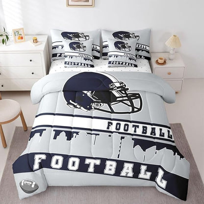 Erosebridal Football 7 Pcs Comforter Set King Football Fans Bedding for Boys Girls Football City Sheet Set Bed in A Bag Grey Rugby Competition Room Decor Sports Ball Game Quilt