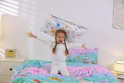 Erosebridal Mermaid Tail Comforter Set,Kids Fish Scales Duvet Stuffing Full,Girly Rainbow Bedding Set Ocean Life Sea Animal Bed Quilt Teal Sequins Pastel Pink Paillette Bedroom Decor,Multicolor