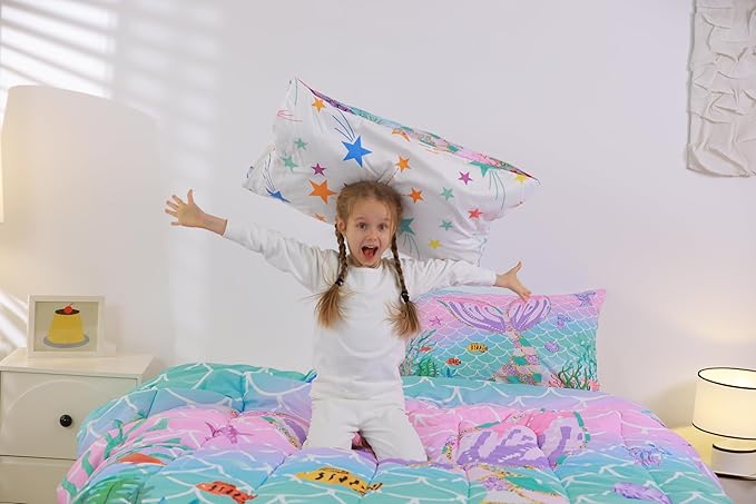 Erosebridal Mermaid Tail Comforter Set,Kids Fish Scales Down Comforter King,Girly Rainbow Bedding Set Ocean Life Sea Animal Quilted Duvet Teal Sequins Pastel Pink Paillette Bedroom Decor,Multicolor