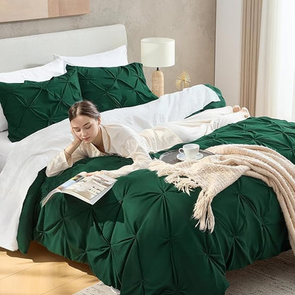 Andency Queen Comforter Set Dark Green, 3 Pieces Pinch Pleat Bedding Comforters & Sets, Pintuck Lightweight Fluffy All Season Bed Set for Women Men Girls(90x90Inch)